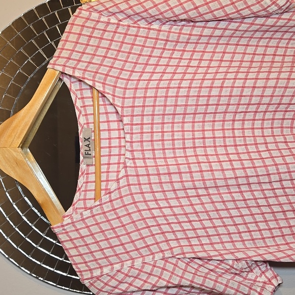 Flax Linen Gingham Checkered Boxy Short Sleeved Crew Kneck Tunic Shirt NWOT - Picture 2 of 10